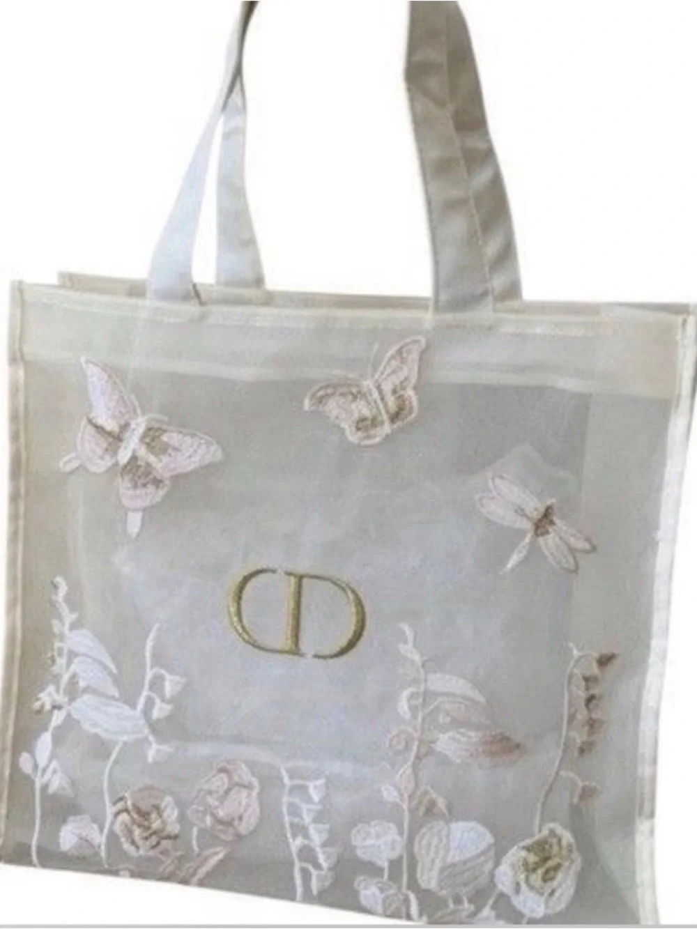 Dior Embroidered Cream Tote with Gold CD Logo